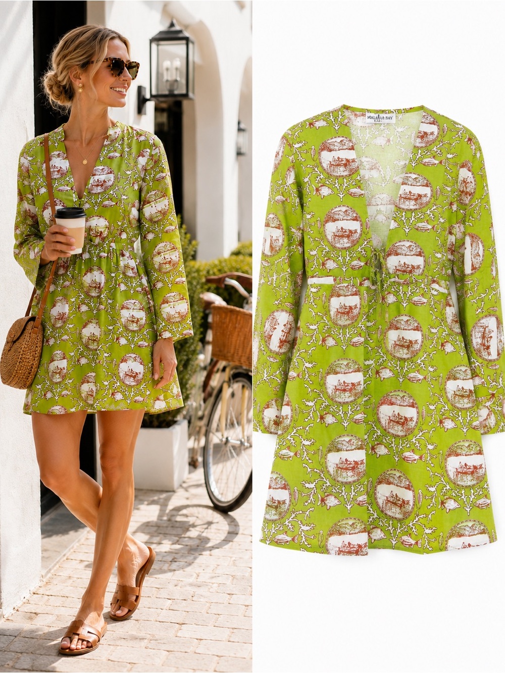 Malabar Bay Organic Cotton Coastal Toile Tunic Dress Green NWT Medium Resortwear